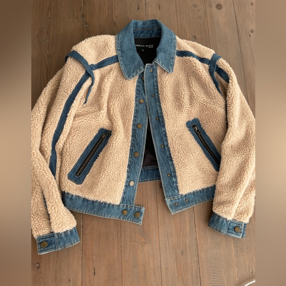 💔 SOLD Veronica Beard POTTER CROPPED DENIM-TRIM SHERPA JACKET IN OATMEAL S - Picture 1 of 8